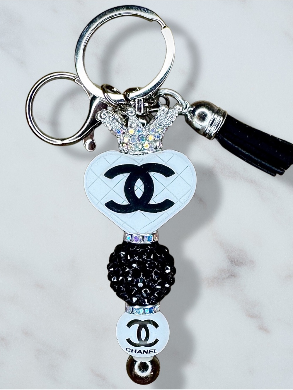 Fashion CC White Heart Beaded Keychain